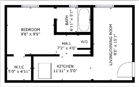 1 bed 1 bath floor plan A at The Eastern Apartments, Dallas, Texas